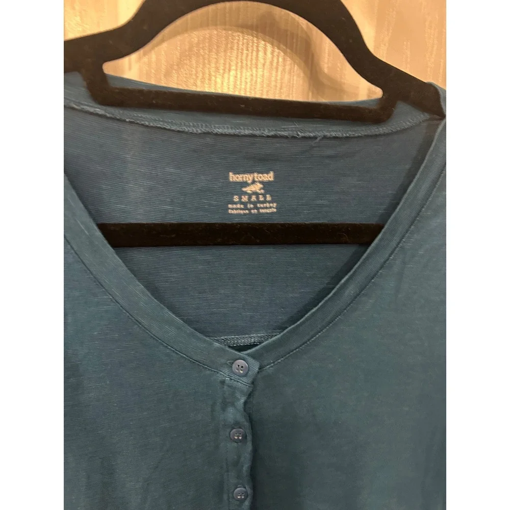 Horny‎ Toad Henley Tunic Dress Teal Blue Long Sleeve Pocket Chevron Geometric S